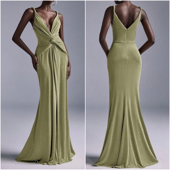 Solid Plunging Neck Twist Detail Party Evening Formal Wedding Dress - Picture 8 of 9